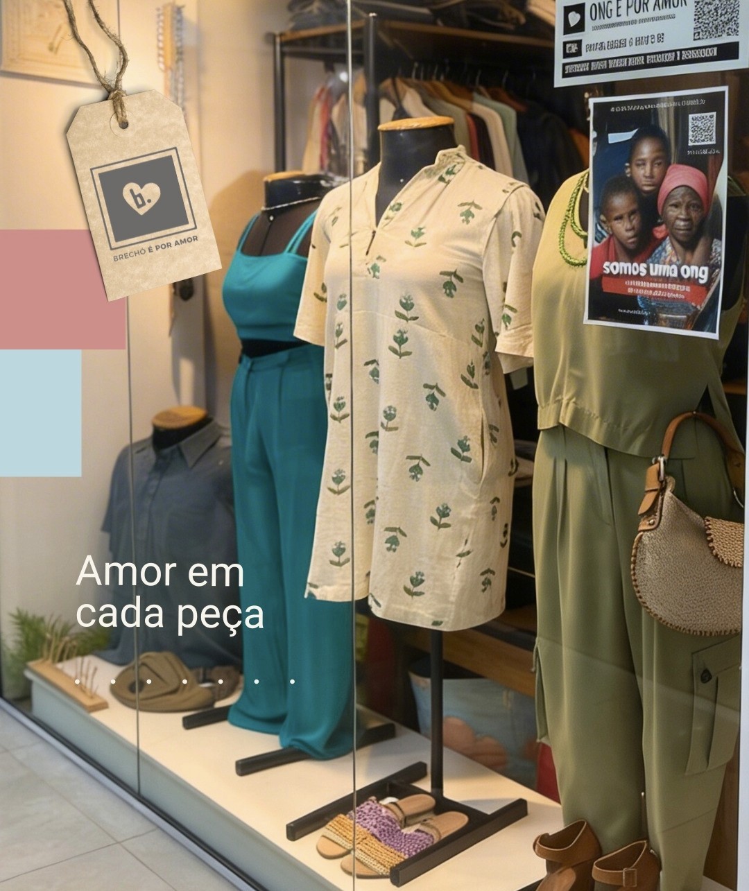 Clothing racks and organized items at the É Por Amor Thrift Store