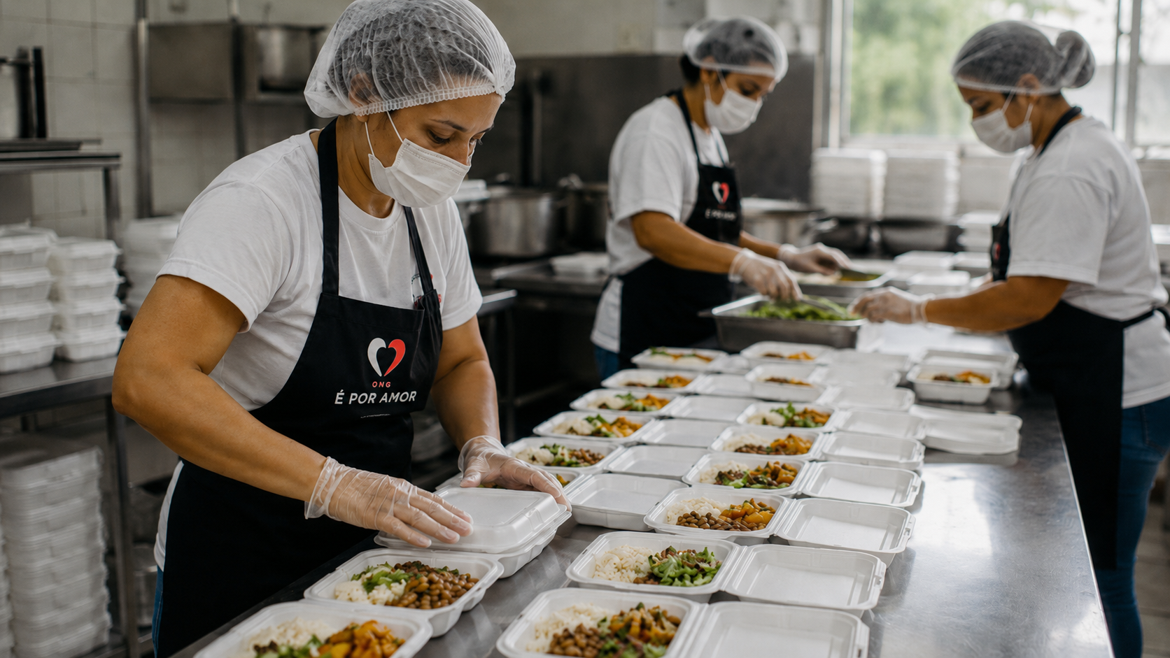 Equipo organizando comidas en envases para distribución por la Cocina Solidaria de la ONG É Por Amor