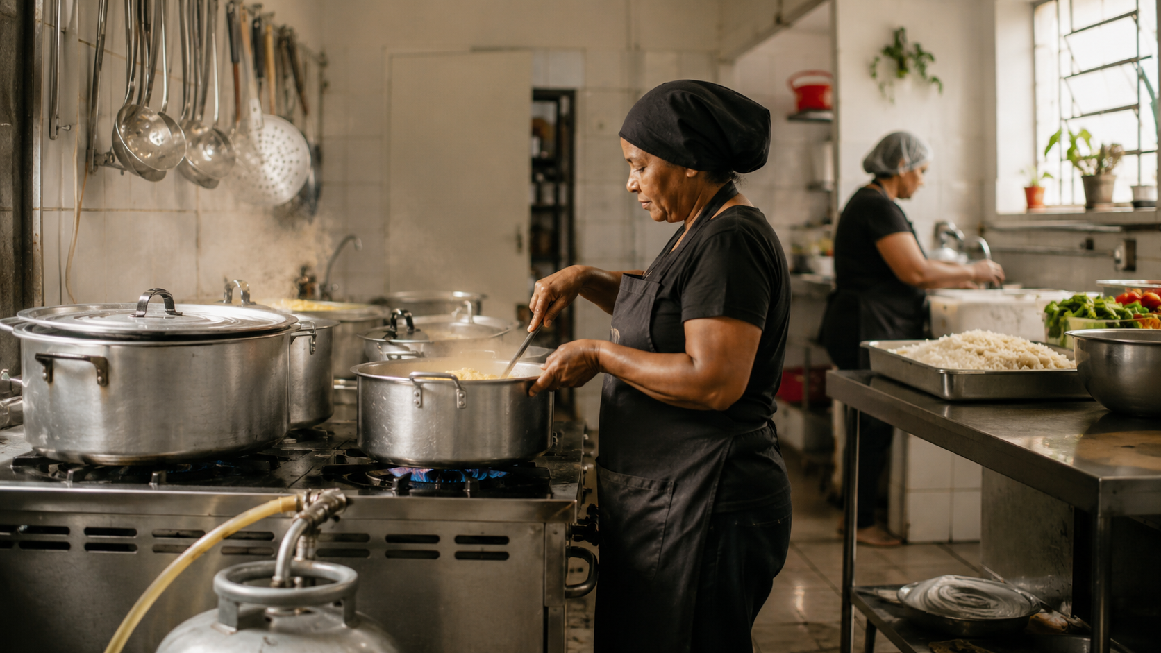 Cocina Solidaria de la ONG É Por Amor funcionando durante la preparación de las comidas