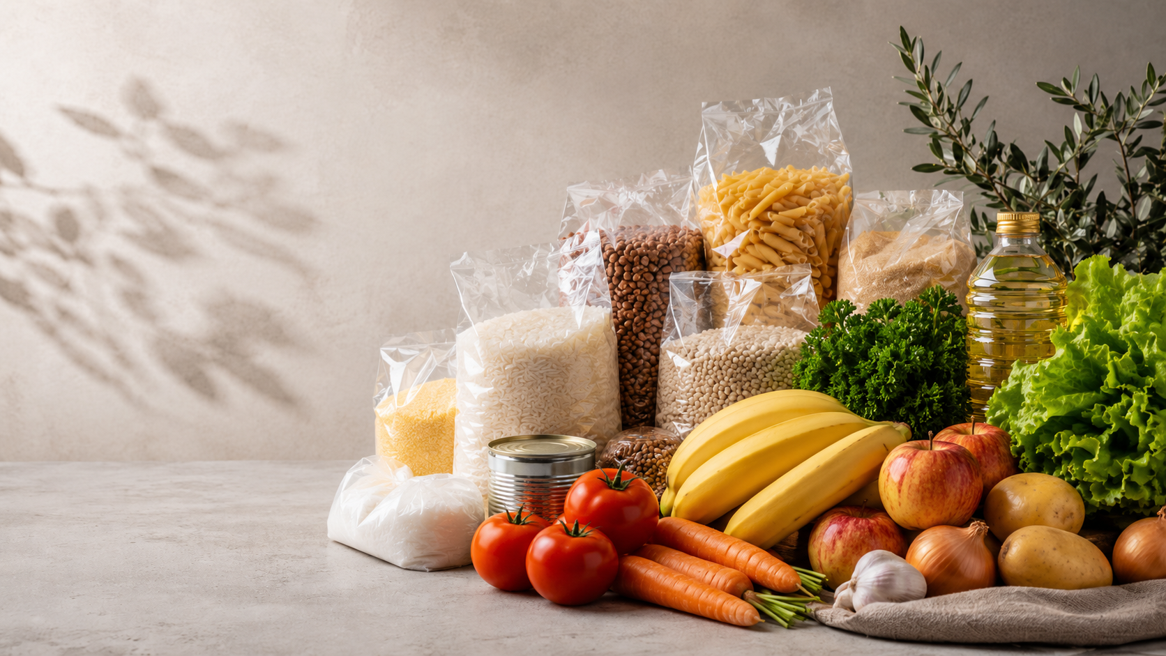 Alimentos organizados para doação, incluindo arroz, feijão, macarrão, frutas, legumes e itens básicos.