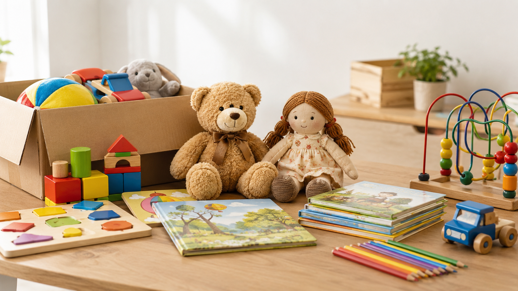 Brinquedos infantis organizados para doação, incluindo bonecos, carrinhos, blocos, jogos educativos e livros infantis.
