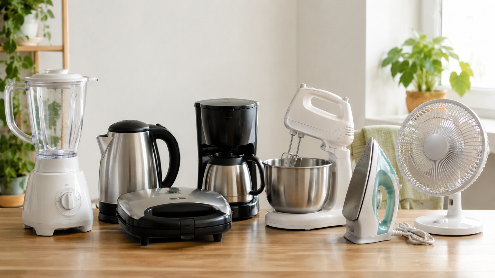 Liquidificador, cafeteira, sanduicheira, batedeira, ferro de passar, ventilador e outros eletroportáteis organizados para doação.