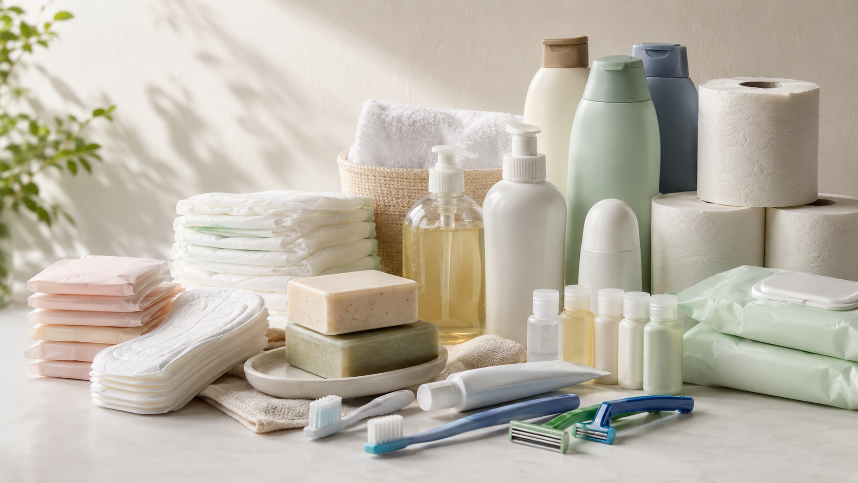 Itens de higiene pessoal organizados para doação, incluindo sabonetes, shampoos, papel higiênico, escovas, barbeadores e produtos de cuidado.