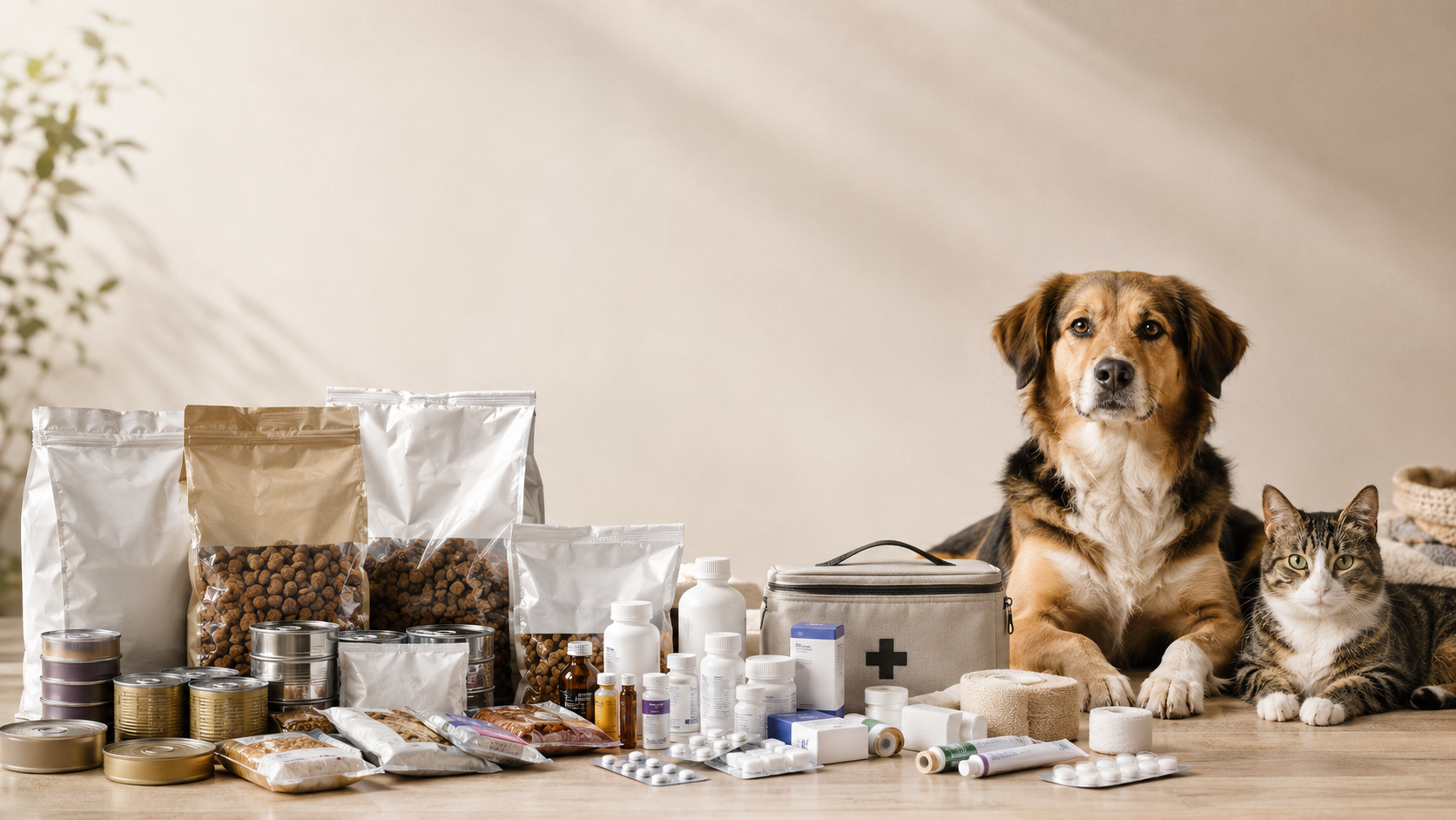 Cachorro, gato, pacotes de ração, sachês e remédios veterinários organizados para doação.
