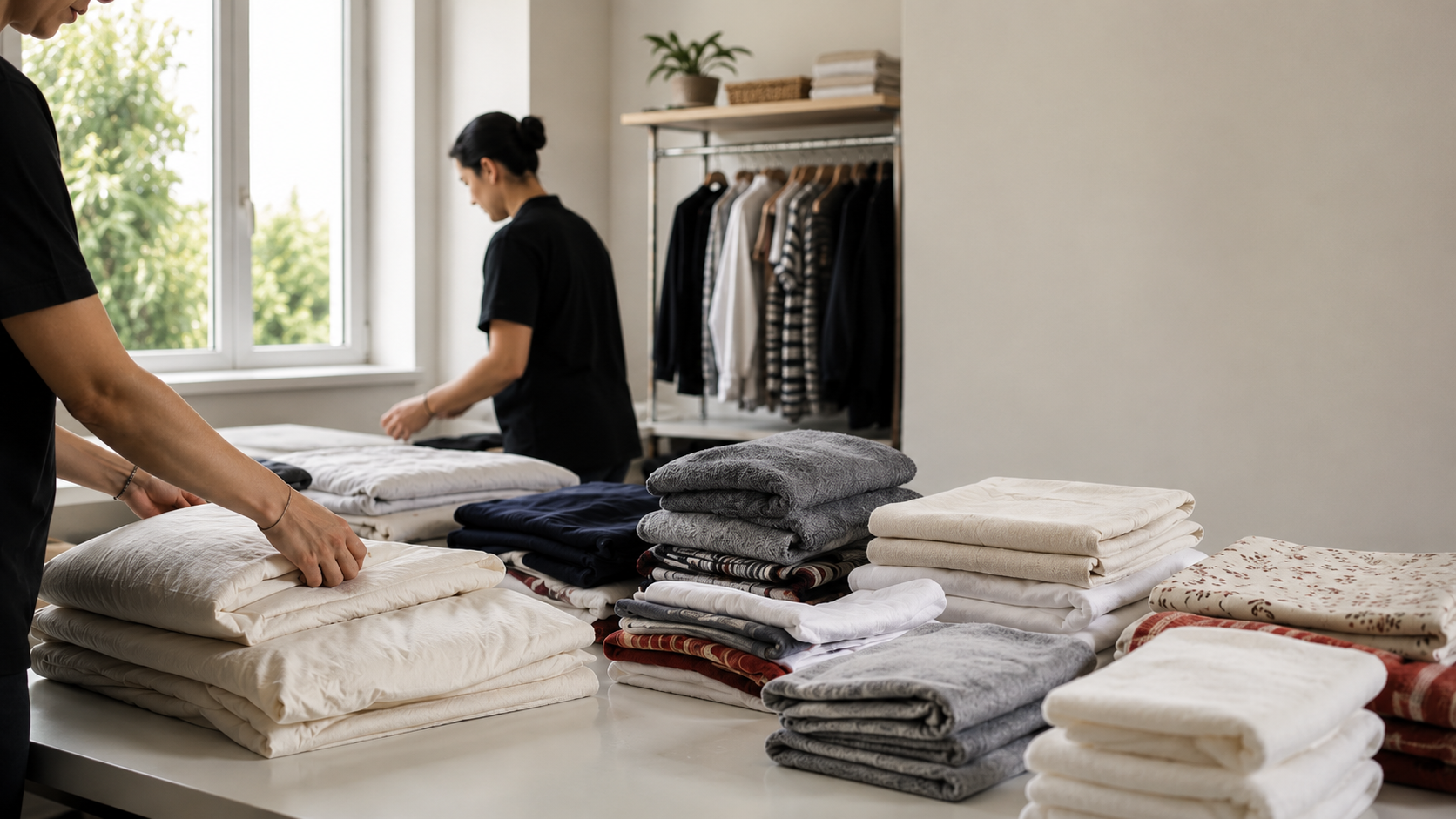 Roupas, roupas de cama e toalhas organizadas para doação