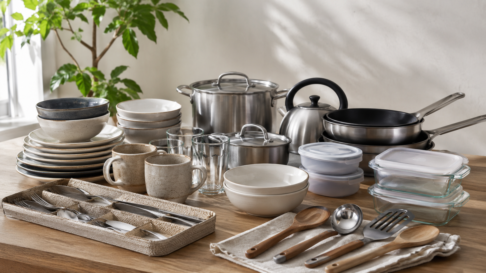 Panelas, pratos, copos, talheres, potes e outros utensílios de cozinha organizados para doação.