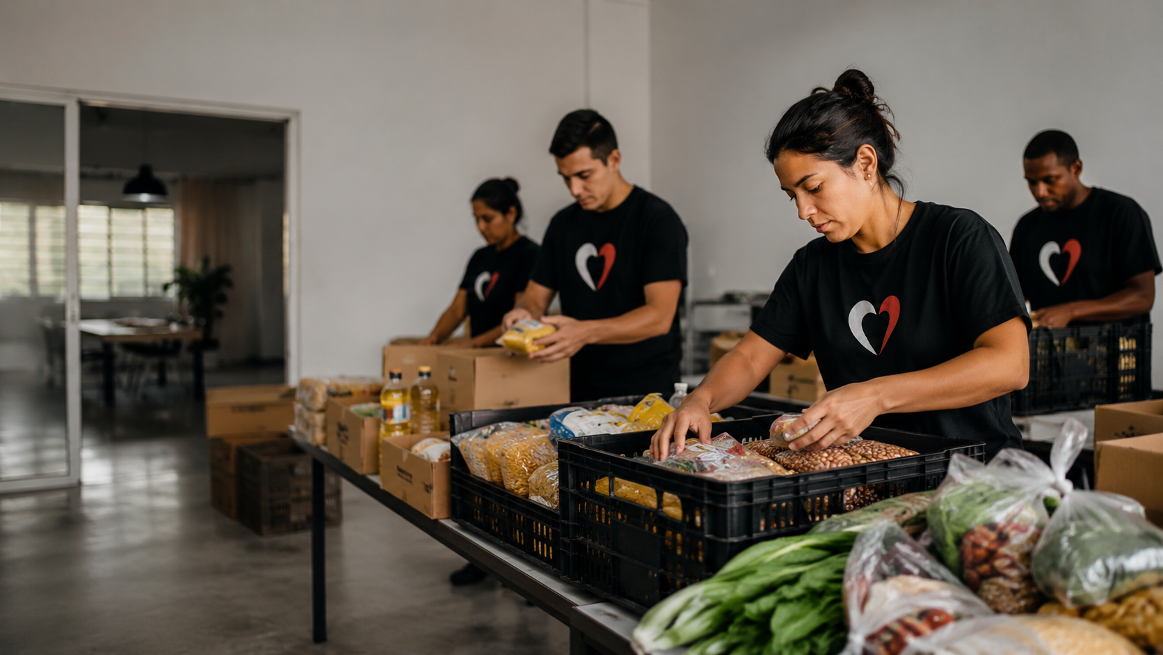 Voluntarios de la ONG É Por Amor organizando alimentos y donaciones para campañas sociales