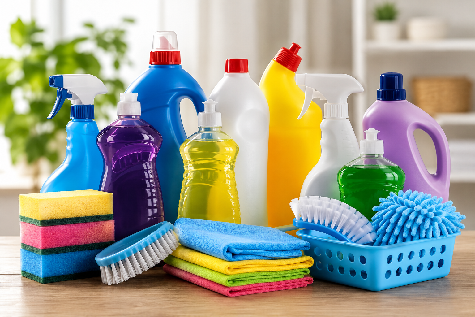 Produtos de limpeza coloridos organizados para doação.