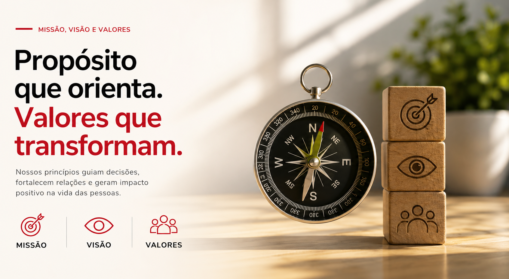 Composição conceitual sobre missão, visão e valores, com bússola, alvo, olhar e pessoas